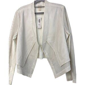 Chicos Faux Leather Perforated Jacket Womens Size 2 White Asym Open Front M 7650